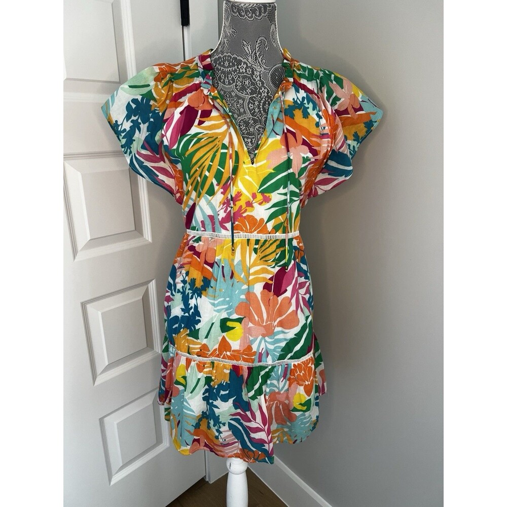 Boston Proper Abstract Bright Tropical Tiered Shift Sundress Flutter Sleeve Sz S